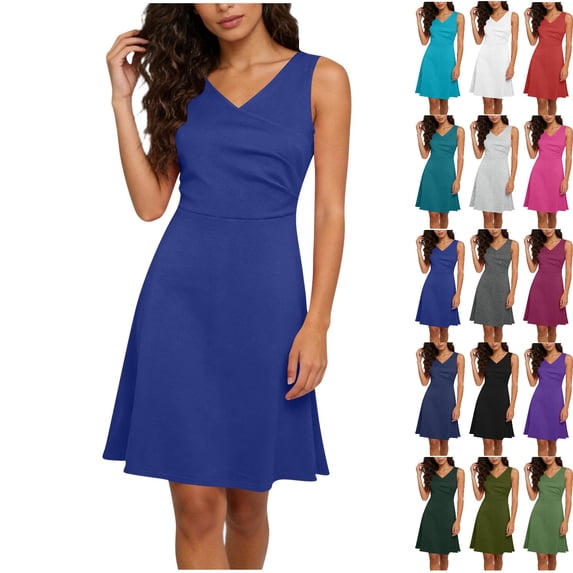 Vhkiploz Plus Size Summer Mini Tank Dress for Women's V-Neck Sleeveless A-Line Dress Solid Color Pleated Tunic Dress, S-4XL