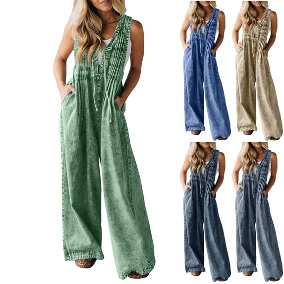 Vhkiploz Plus Size Wide Leg Jumpsuits for Women's One-Piece Summer Beach Sweatsuits Solid Color V-Neck Sleeveless Rompers with Pockets