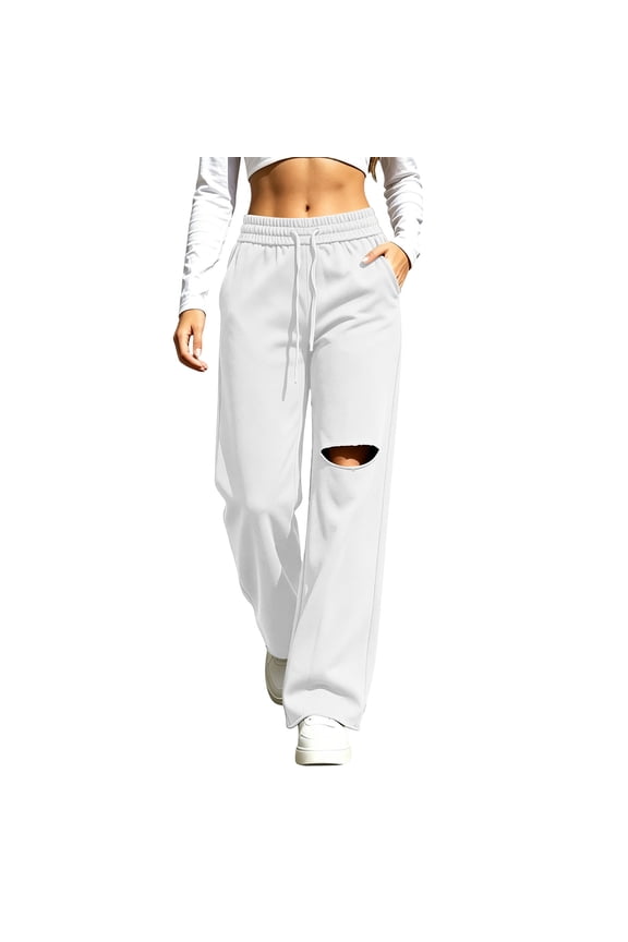 Plus Size Wide Leg Ripped Sweatpants for Women's Drawstring Workout Athletic Pants Solid Everyday High Elastic Waist Joggers