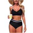 thumbnail image 1 of Vhkiploz Summer 2 Piece Swimsuit for Women Halter Twisted Front Top with High Waist Bottom Contrast Stripe Sexy Beach Wear Bathing Suit Bikini Suits Black M, 1 of 7