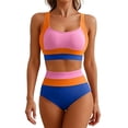 thumbnail image 1 of Vhkiploz Summer 2 Piece Swimsuit for Women Color Blocks Stripe U-Neck Top with High Waist Bottom Sexy Beach Wear Bathing Suit Bikini Suits Orange M, 1 of 6