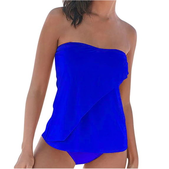 Vhkiploz Summer 2 Pieces Swimsuit for Women Solid Color Strapless Asymmetrical Hem Tube Top with High Cut Bottom Tankini Set Beach Pool Party Outfit Bathing Suit Blue XL