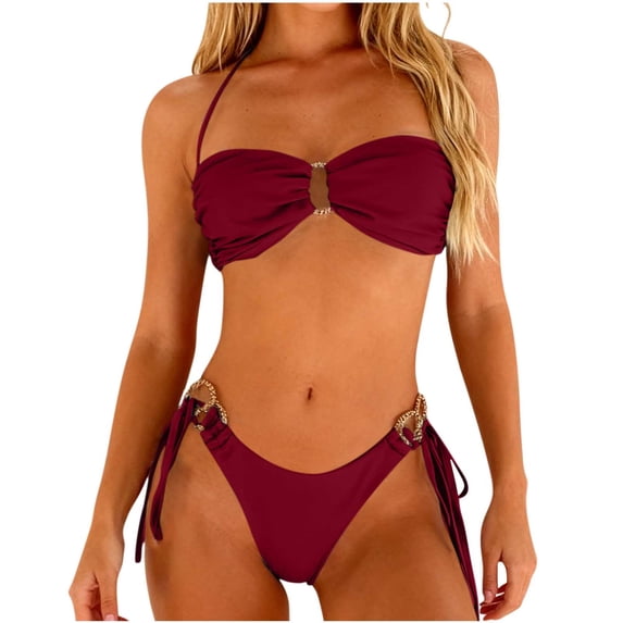 Vhkiploz Summer Bikini Suit for Women Bandeau Metal Ring Triangle Top with Chain Accent Bottom 2 Piece Swimsuit Solid Color Beach Wear Sexy Bathing Suit Wine XL