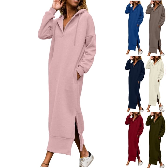 Vhkiploz Summer Maxi Hoodie Dress for Women's Sporty Workout Athletic Dress V-Neck Long Sleeve Side Zip Split Dress Solid Color Straight Homewear T-Shirt Dress