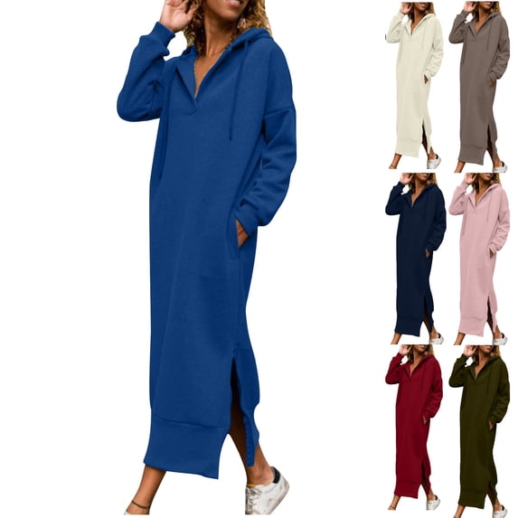 Vhkiploz Summer Maxi Hoodie Dress for Women's Sporty Workout Athletic Dress V-Neck Long Sleeve Side Zip Split Dress Solid Color Straight Homewear T-Shirt Dress