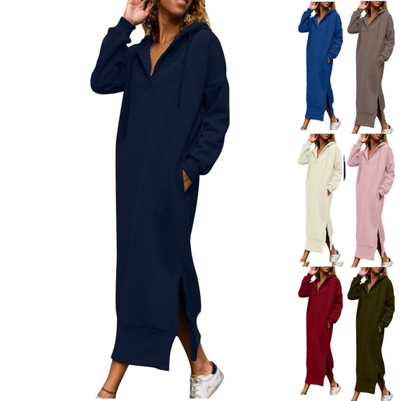 Vhkiploz Summer Maxi Hoodie Dress for Women's Sporty Workout Athletic Dress V-Neck Long Sleeve Side Zip Split Dress Solid Color Straight Homewear T-Shirt Dress