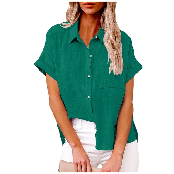 Vhkiploz Summer Linen Tops for Women V-Neck Short Sleeve Collared Button Down T-Shirts Business work Vacation Casual Loose Blouse