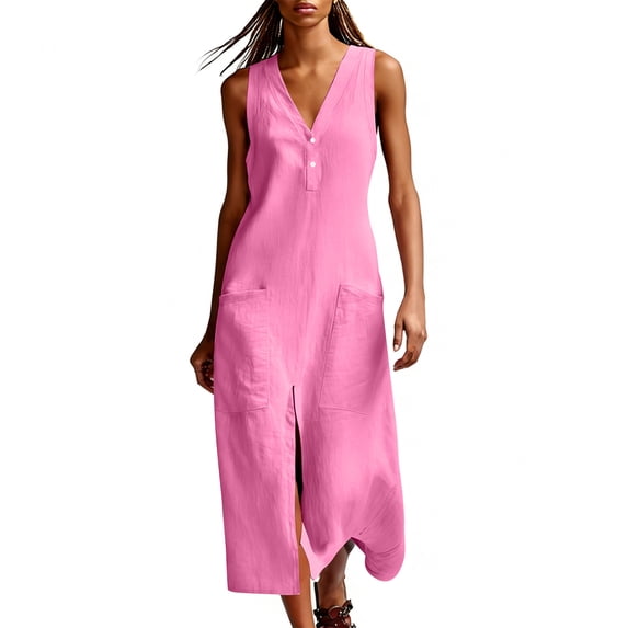 Vhkiploz Summer Long Linen Tank Dress For Women'S Sleeveless V-Neck Half-Button Front Split A-Line Dress With Buttons Solid Color Outwear Beach Tunic Dress With Pockets