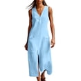 thumbnail image 1 of Vhkiploz Summer Long Linen Tank Dress For Women'S Sleeveless V-Neck Half-Button Front Split A-Line Dress With Buttons Solid Color Outwear Beach Tunic Dress With Pockets, 1 of 8
