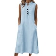 thumbnail image 1 of Vhkiploz Summer Long Linen Tank Dress For Women'S V-Neck Sleeveless Half-Button T-Shirt Dress Solid Color Outwear Beach Tunic Dress With Pockets, S-2Xl, 1 of 7