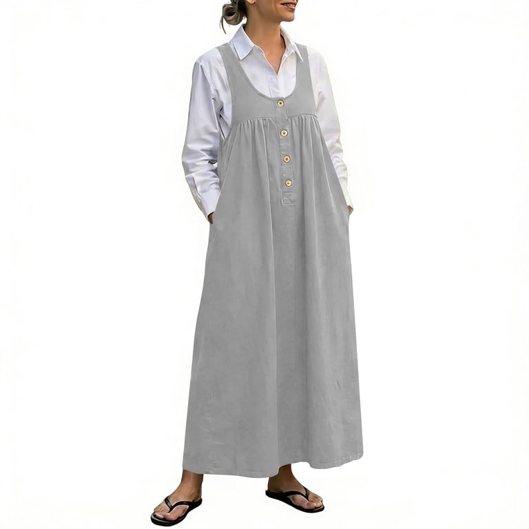 ladies pinafore dresses Vhkiploz Summer Maxi Dress For Women'S Sleeveless Crew Neck Half-Button Pleated A-Line Dress Solid Color Outwear Beach Tunic Dress With 6-7-2023