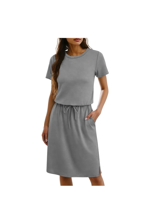 Summer Mid-Length Twofer Dress For Women'S Crew Neck Short Sleeve Drawstring Waist Side Split T-Shirt Dress Solid Color Outwear Beach Tunic Dress With Pockets, S-2Xl
