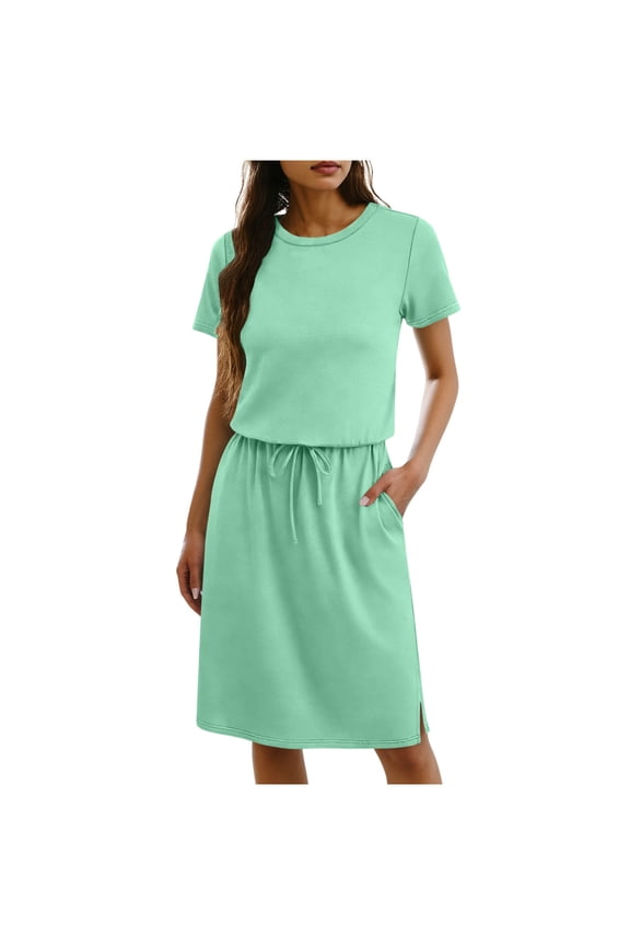 Summer Mid-Length Twofer Dress For Women'S Crew Neck Short Sleeve Drawstring Waist Side Split T-Shirt Dress Solid Color Outwear Beach Tunic Dress With Pockets, S-2Xl
