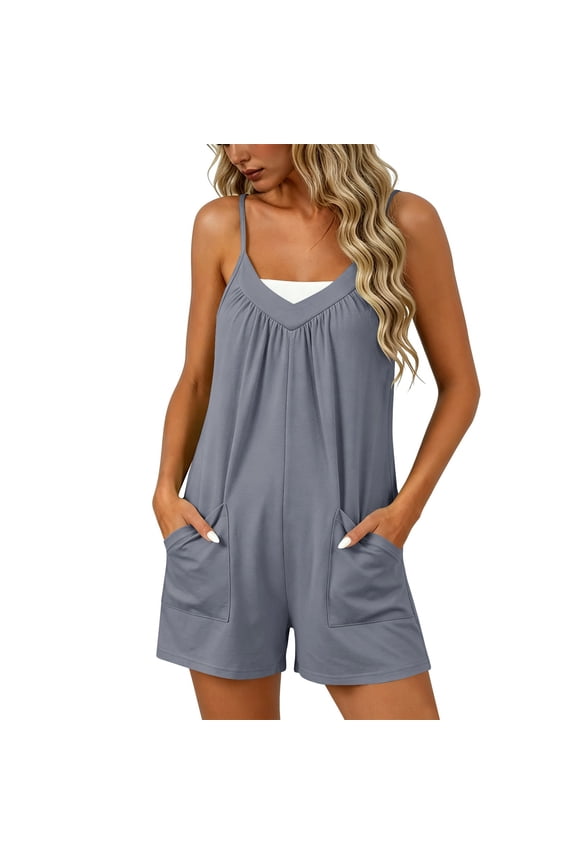 Summer Short Jumpsuits For Women's Spaghetti Straps Wide Leg Rompers Beach Vacation Travel One-Piece Athletic Outfit Sets Solid Color V-Neck Sleeveless Outwear Playsuits With Pockets