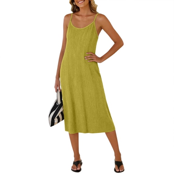 Vhkiploz Summer Tank Slip Dress For Women'S Crew Neck Mid-Length A-Line Dress Solid Color Sleeveless Homewear Outwear Tunic Sundress, M-2XL