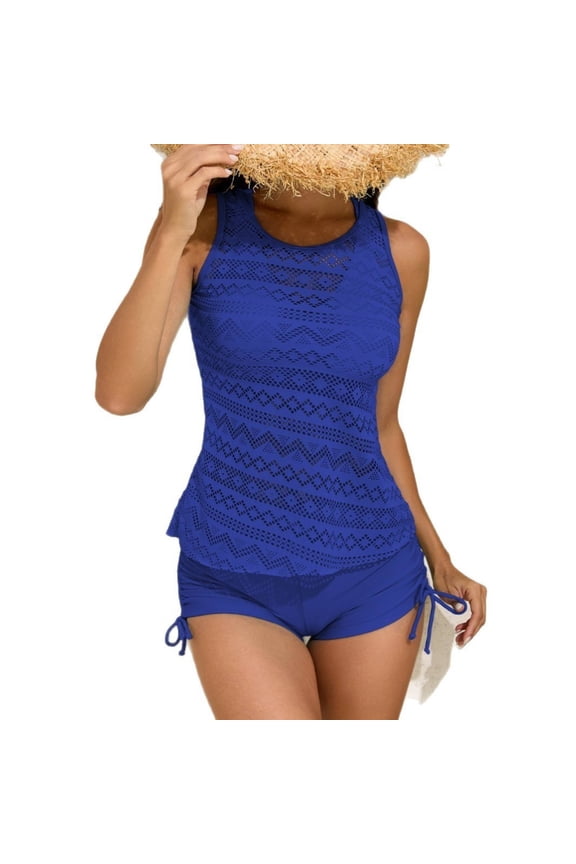 Summer Tankinis Swimsuits For Women's Solid Double-Layer Cut-Out Top With Side Strings Bottom Two-Piece Swimwear Beach Bathing Suits