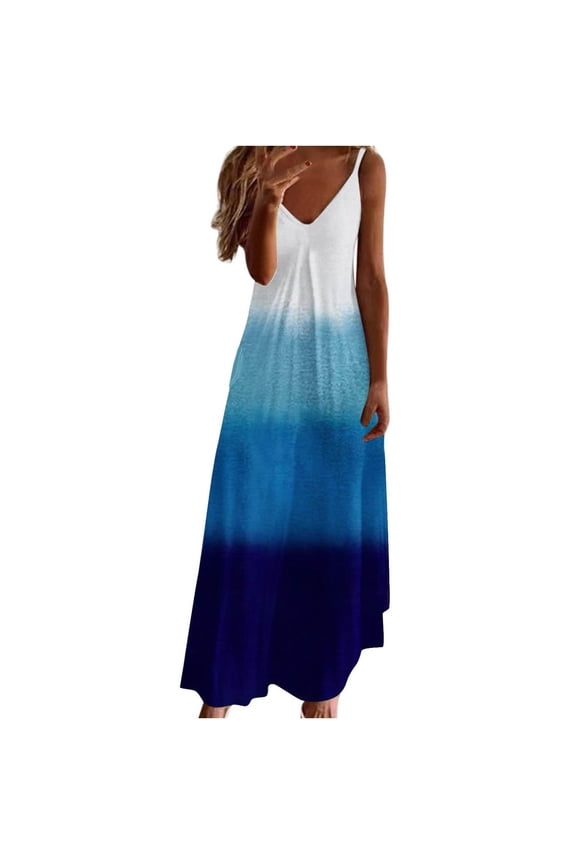Women's V-Neck Maxi Dress, Spaghetti Strap Summer Long Tank Dress, Women's Sleeveless Gradient Camisole Dress Blue 2XL