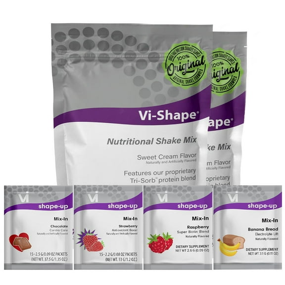 Vi-Shape Four Flavor Transformation Kit - 2 Shake Pouches (48 Servings) + 1 Box Chocolate Mix-In + 1 Box Strawberry Mix-In + 1 Box Banana Bread Mix-In + 1 Box Raspberry Mix-In