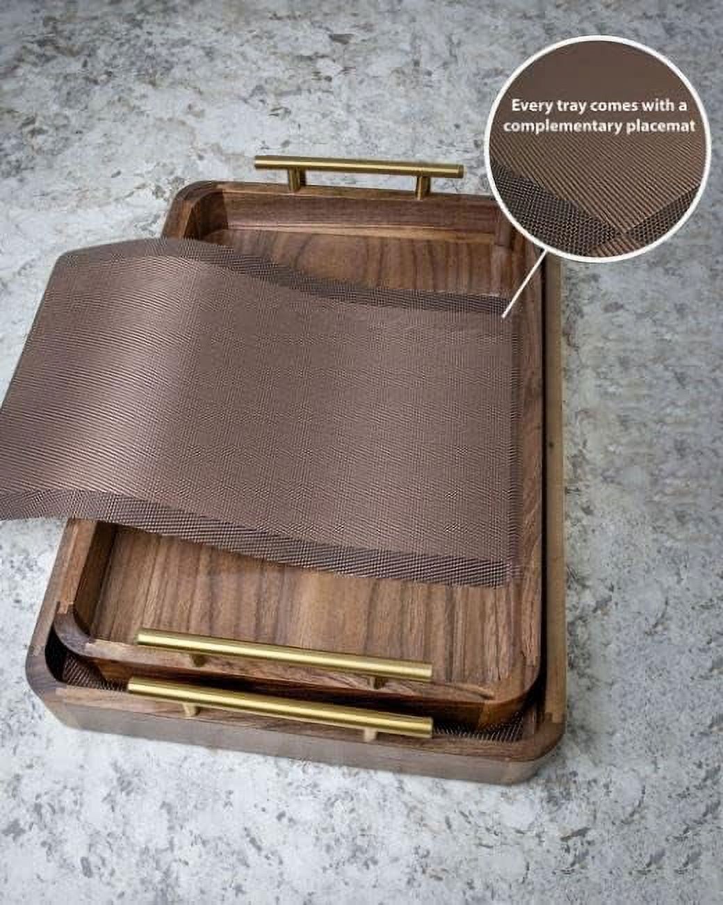 ViBelle 2Pack Walnut Veneer Serving Tray with Handles and Color Matching Placemat for Breakfast