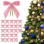 ViLaViDe 24Pcs Pre Tied Bows Velvet Ribbon Bows Classic Christmas Tree Hanging Decorations DIY Wreath Gift Bows, Pink