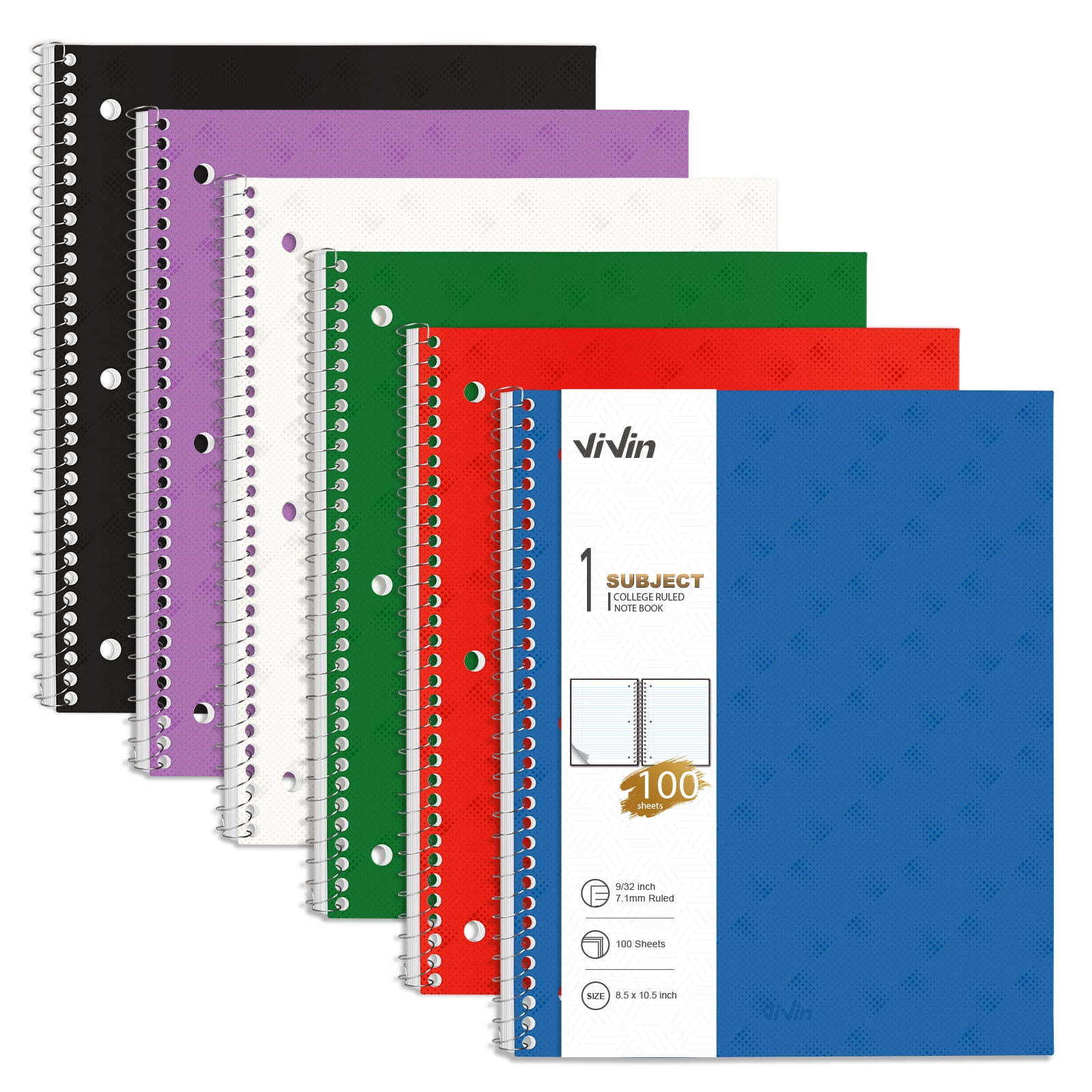 ViVin 1 Subject Wirebound Notebook,6 Pack, College Ruled,100 Sheets,8.5" x 11", with Removable Divider, Assorted Colors