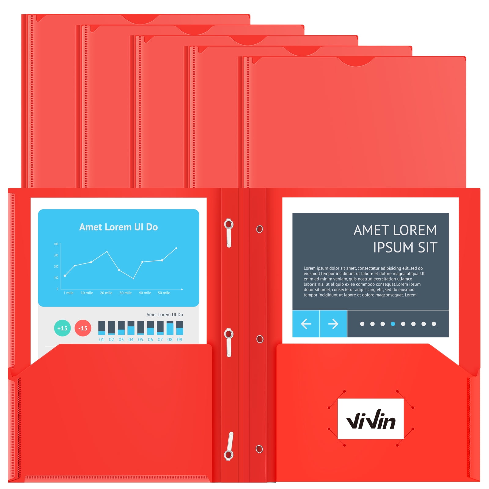 ViVin HeavyDuty Poly Paper Folders with Clear Front Pocket & 3 Prongs, 11.65"x9.53"x2.28" 6