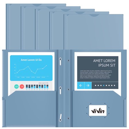 ViVin 10-Pack Plastic Folders with Clear Front Pocket and 3-Prongs, Heavy-duty 11.81x9.53x.13 inch, Gray Blue