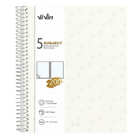 ViVin 5 Subject Notebook with 4 Removable Dividers, College Ruled, 200 Sheets, White 1PCS