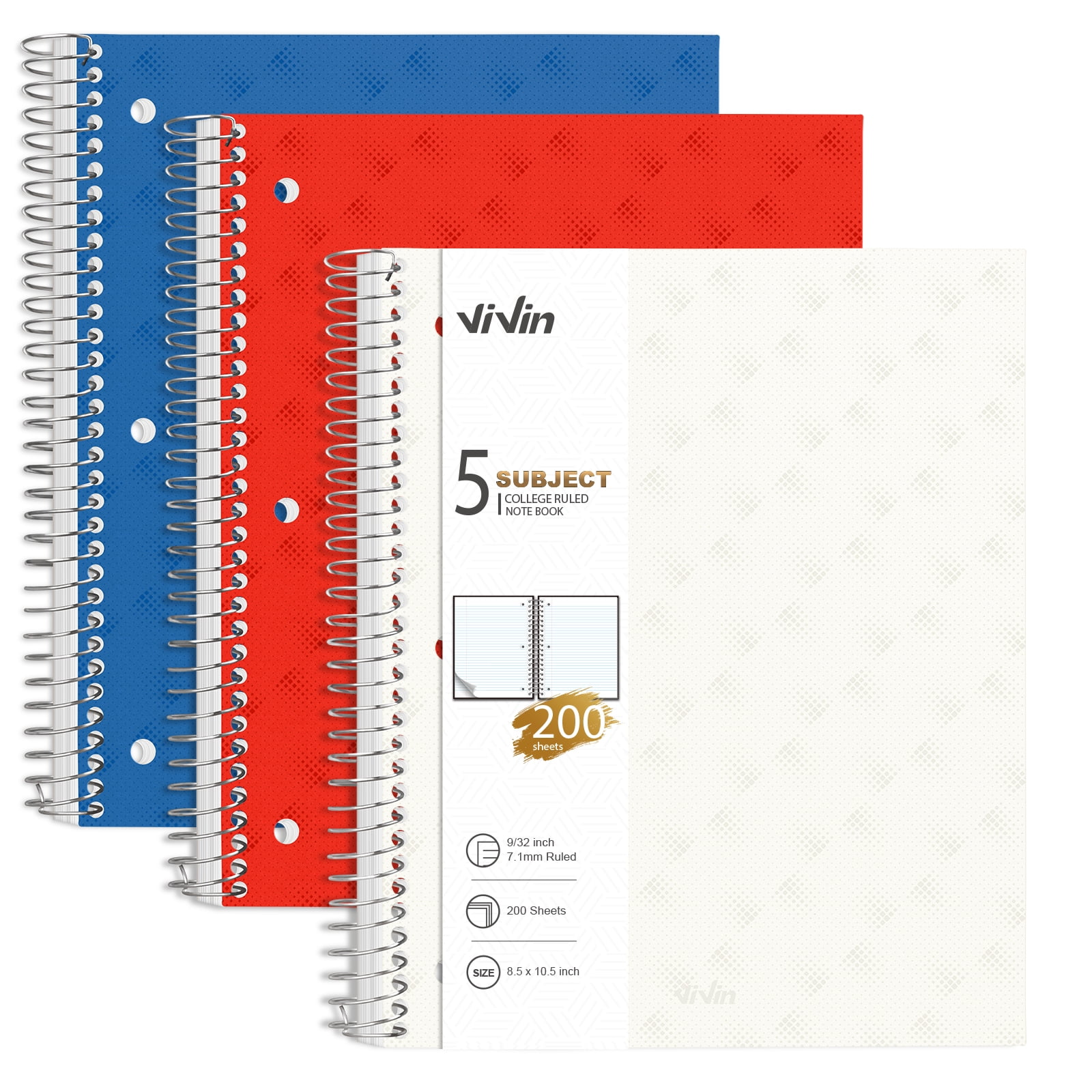 ViVin 5 Subject Notebook with Water Resistant Cover and 4 Removable Dividers, College Ruled, 200 Sheets, White, Red, Blue 3 Pack