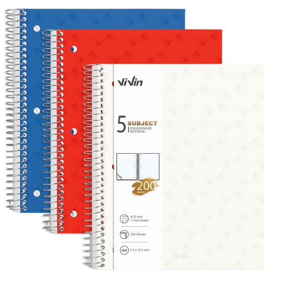 ViVin 5 Subject Notebook with Water Resistant Cover and 4 Removable Dividers, College Ruled, 200 Sheets, White, Red, Blue 3 Pack