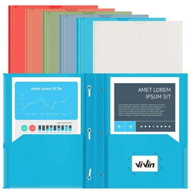 ViVin 6-Pack Plastic Folders with Clear Front Pocket and 3-Prongs, Heavy-duty Assorted Color