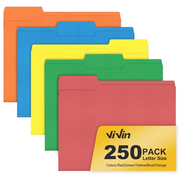 ViVin File Folder, 1/3 Cut Tabs, Fits Letter Size, 250 Pack, for School and Office(5 Bright Multicolored)