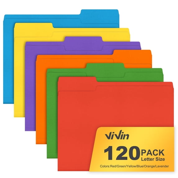 ViVin File Folder with 1/3 Cut Tabs, Fits Letter Size, 100 Pack, for School and Office(2nd Multicolored)