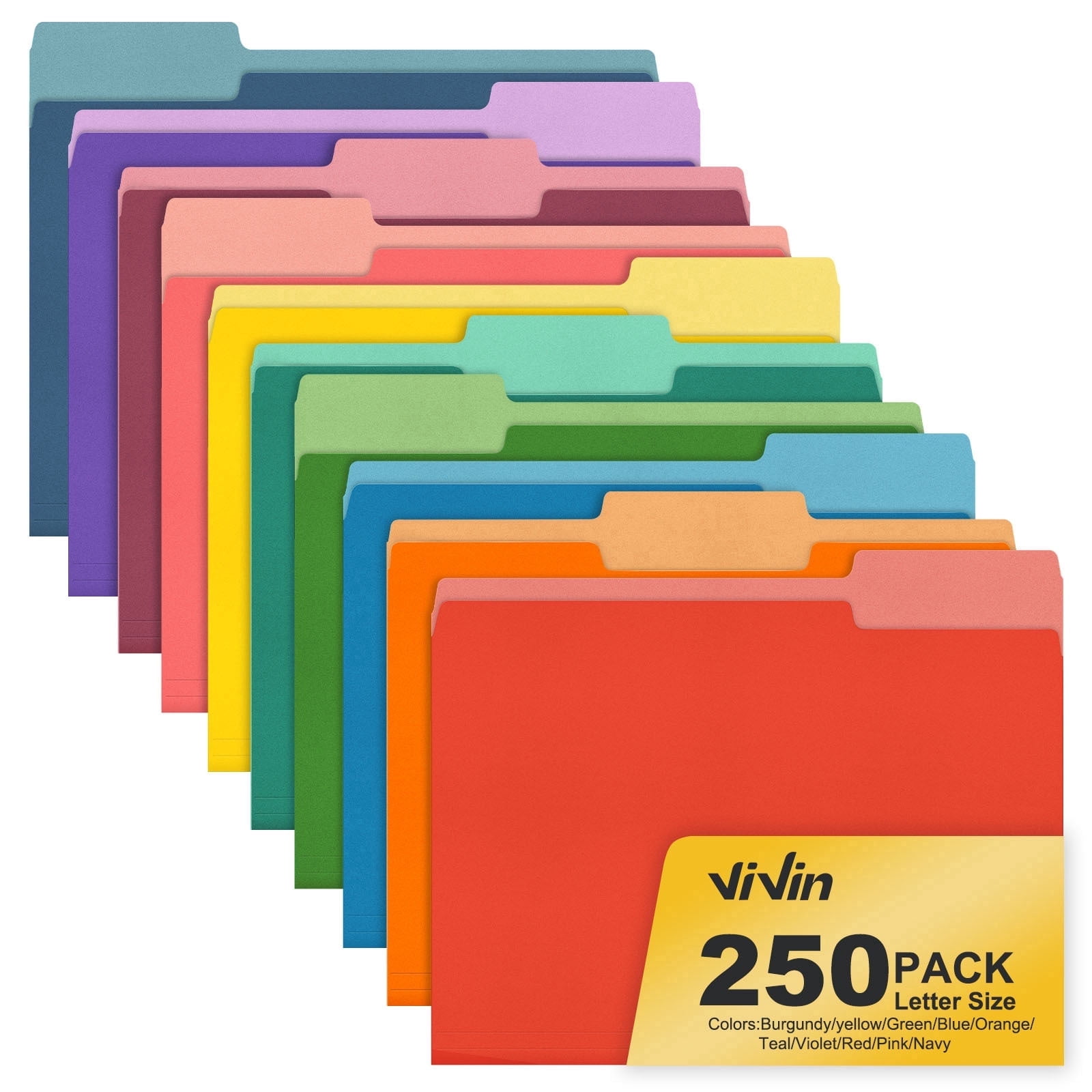 ViVin File Folder with 1/3 Cut Tabs, Fits Letter Size, 250 Pack, for School and Office(10 Bright Multicolored)