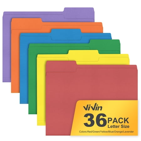ViVin File Folder with 1/3 Cut Tabs, Fits Letter Size, 36 Pack, for School and Office(6 Bright Multicolored)