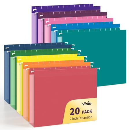 ViVin Hanging File Folders, 1/5 Cut Tab, 2" Expansion, Letter, 20/Box, Home School Office(Assorted)