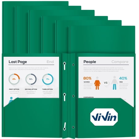 ViVin Heavy Duty Plastic Folder with Two Pockets and Three Prongs, Poly File Folder with Fasteners Letter Size , School Supplies 12-Pack, Green