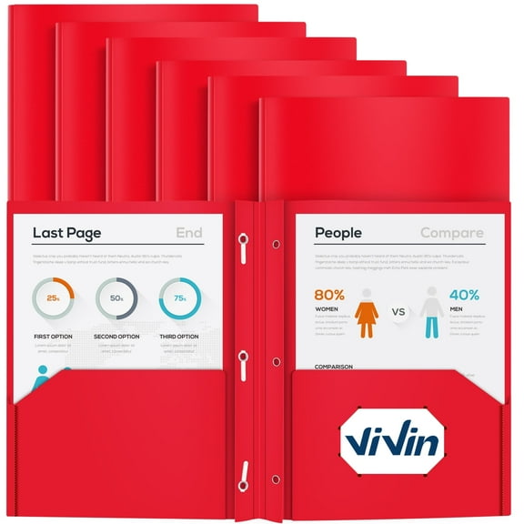 ViVin Heavy Duty Plastic Folder with Two Pockets and Three Prongs, Poly File Folder with Fasteners Letter Size , School Supplies 12-Pack, Red