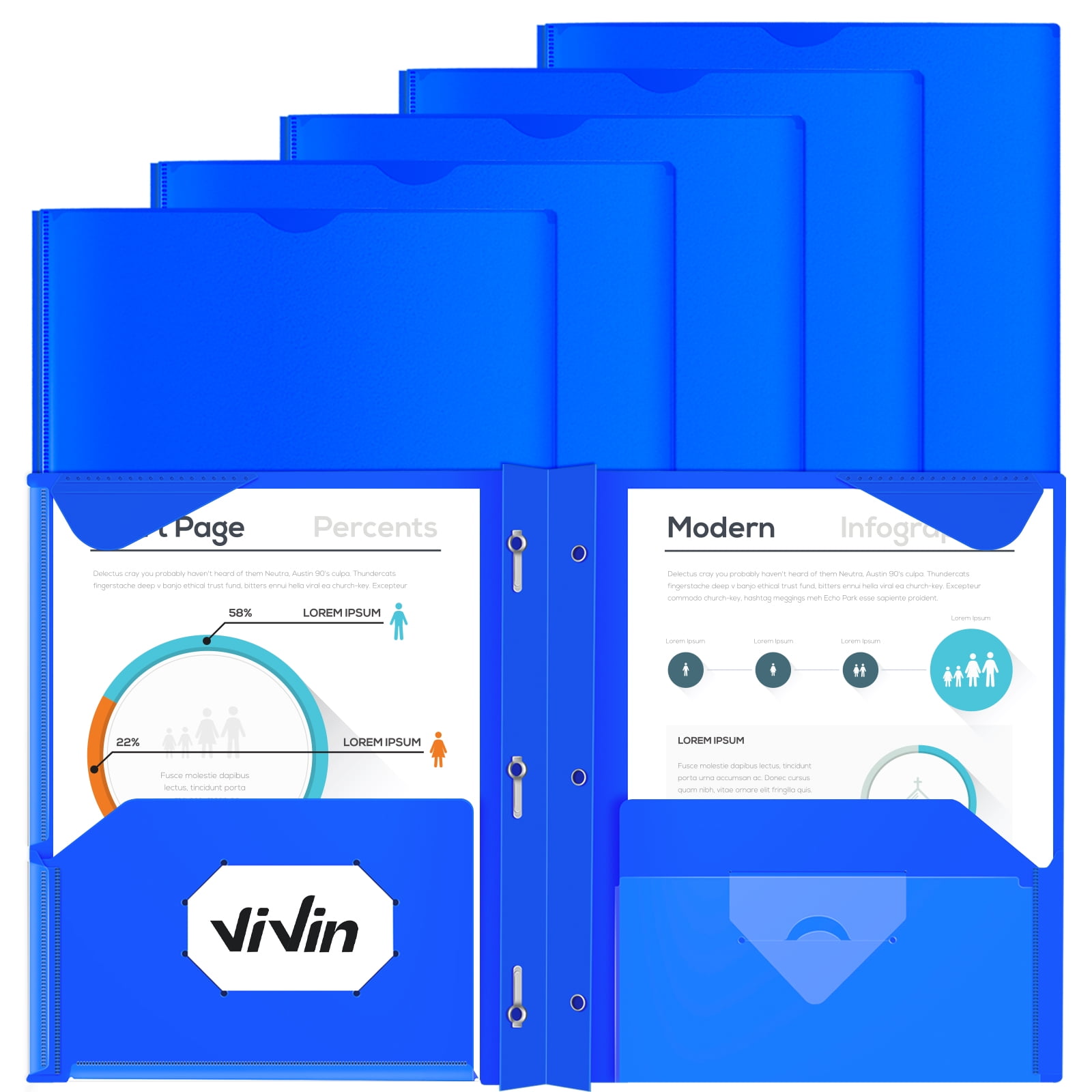 ViVin Heavy Duty Plastic Folders with Clear Front Pocket and Prongs, 6 Pack, 2 Pockets & Stay