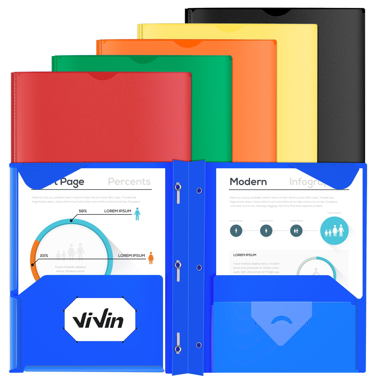 ViVin Heavy Duty Plastic Pocket Folders with Prongs, 2 Pockets Folder with Clear Front Pocket