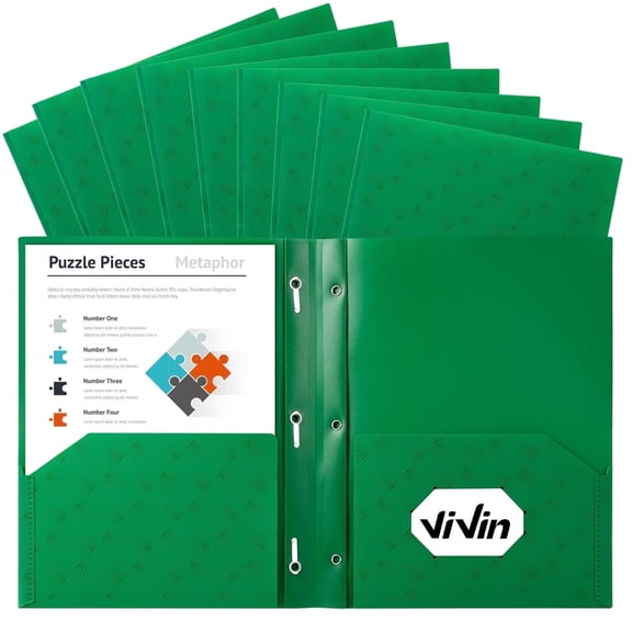 Vivin Plastic Folder with 3 Prong Fasteners and 2 Pockets, 10 Packs, Green Scatter Pattern