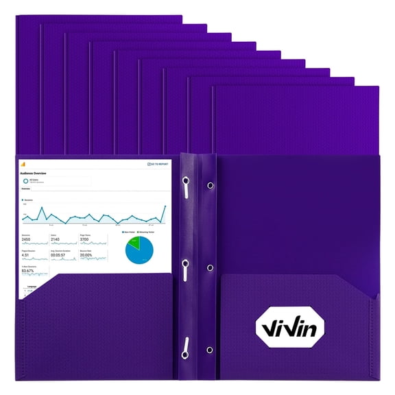 Vivin 10-Pack Plastic Folders with 3 Prongs and 2 Pockets,Purple Lighting Pattern