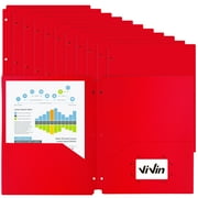 ViVin Plastic Pocket Folders 3 Hole Punched with 2 Pockets, Hold Letter Size Paper, 12-Pack Red