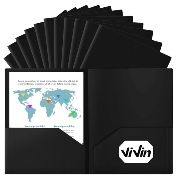 ViVin 12-Pack Sturdy Plastic Folder with 2 Pockets, Office School Home, Black