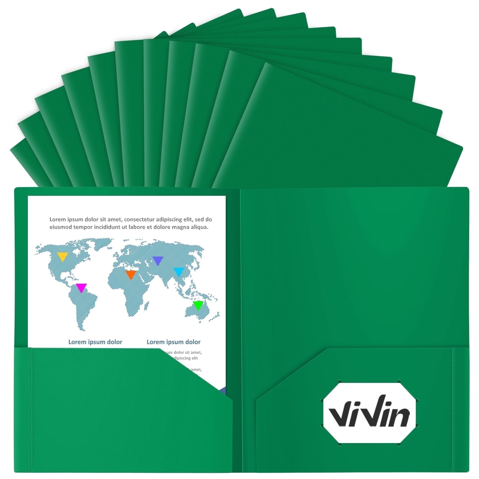 Vivin 12-Pack Sturdy Plastic Folder with 2 Pockets, Green