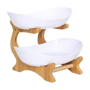 ViYW Fruit Bowl Tiered Tray Stand:2 Tier Ceramic Fruit Tray with Bamboo Stand,Fruit Bowl for Kitchen Counter,Serving Bowls for Fruit and Vegetable Storage,Snack,Nuts