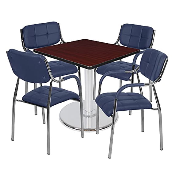 Via 36" Square Platter Base Table- Mahogany/Chrome & 4 Uptown Side Chairs- Navy