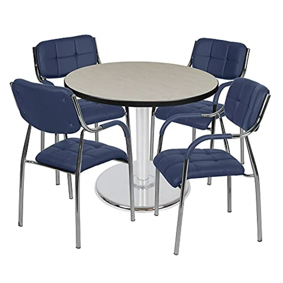 Via 42" Round Platter Base Table- Maple/Chrome & 4 Uptown Side Chairs- Navy