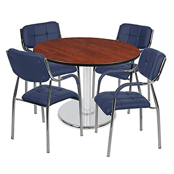 Via 48" Round Platter Base Table- Cherry/Chrome & 4 Uptown Side Chairs- Navy