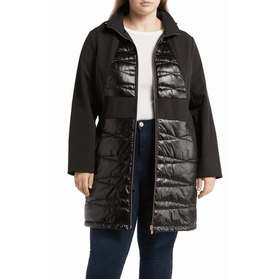 Via Spiga BLACK Women's Plus Size Hooded Mixed-Media Raincoat, US 2X-Large